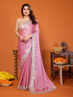 Elora - Pink Chiffon Solid Zari Embroidery Saree with Sequin and Stone Border with Unstitched Blouse