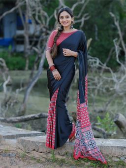 Mysilklove - Ink Black and Red Ajrakh Printed Satin Crepe Silk Saree Without Blouse