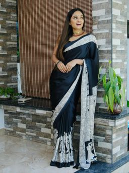 Mysilklove - Aged Black Ajrakh Printed Satin Crepe Silk Saree Without Blouse