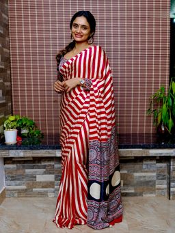 Mysilklove - Ink Black and Red Ajrakh Stripe Printed Satin Crepe Silk Saree Without Blouse