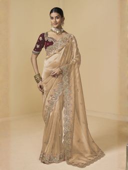 Odette - Beige Tissue Embellished Saree for Women with Unstitched Blouse