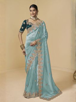 Odette - Blue Tissue Embellished Saree for Women with Unstitched Blouse