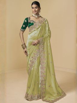 Odette - Pista Green Tissue Embellished Saree for Women with Unstitched Blouse