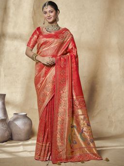 Odette - Red Silk Blend Embellished Saree for Women with Unstitched Blouse