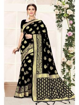 Trendmalls - Black Silk Blend Woven Saree with Unstitched Blouse