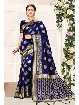 Trendmalls - Blue Silk Blend Woven Saree with Unstitched Blouse