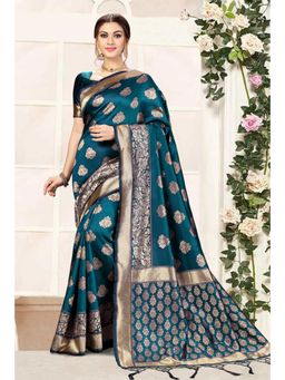 Trendmalls - Teal Silk Blend Woven Saree with Unstitched Blouse