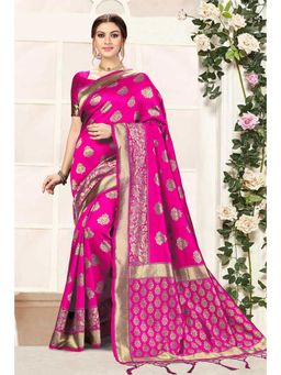Trendmalls - Pink Silk Blend Woven Saree with Unstitched Blouse