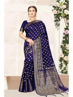 Trendmalls - Blue Silk Blend Woven Saree with Unstitched Blouse