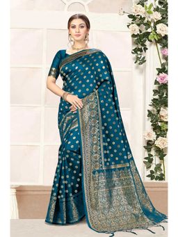 Trendmalls - Teal Silk Blend Woven Saree with Unstitched Blouse