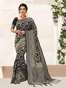 Trendmalls - Black Silk Blend Woven Saree with Unstitched Blouse