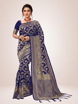 Trendmalls - Blue Silk Blend Woven Saree with Unstitched Blouse