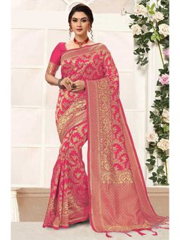 Trendmalls - Pink Silk Blend Woven Saree with Unstitched Blouse