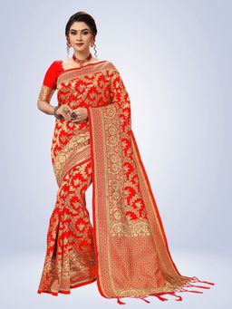 Trendmalls - Red Silk Blend Woven Saree with Unstitched Blouse