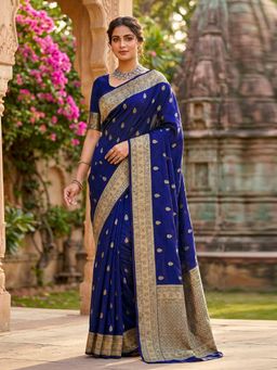 Trendmalls - Navy Blue Silk Blend Woven Saree with Unstitched Blouse