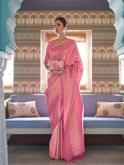 Trendmalls - Pink Silk Blend Woven Saree with Unstitched Blouse