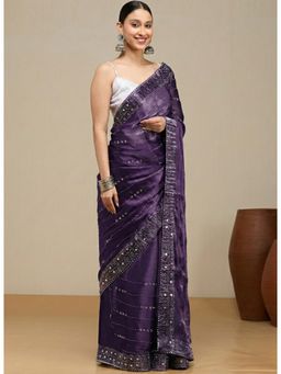 Vervee Couture - Royal Purple Organza Alika Designer Wear Saree with Unstitched Blouse