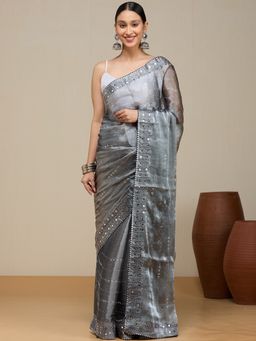 Vervee Couture - Soft Silver Grey Organza Alika Designer Wear Saree with Unstitched Blouse