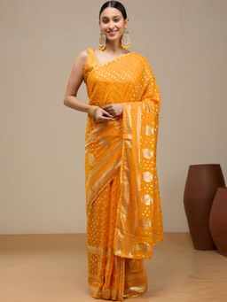 Vervee Couture - Bright Marigold Orange Poly Georgette Amrapatra Saree with Unstitched Blouse