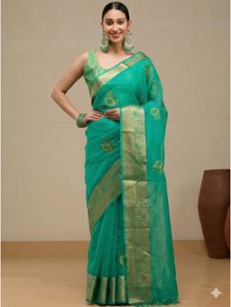 Vervee Couture - Deep Forest Green Silk Cotton Anvi Designer Wear Saree with Unstitched Blouse