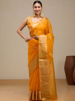 Vervee Couture - Warm Mustard Yellow Silk Cotton Anvi Designer Wear Saree with Unstitched Blouse
