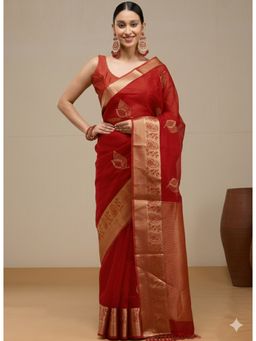 Vervee Couture - Classic Crimson Red Silk Cotton Anvi Designer Wear Saree with Unstitched Blouse