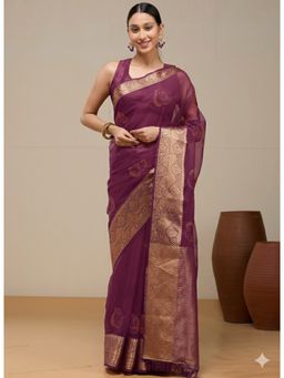Vervee Couture - Royal Plum Purple Silk Cotton Arvi Designer Wear Saree with Unstitched Blouse