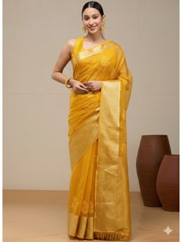 Vervee Couture - Warm Mustard Yellow Silk Cotton Arvi Designer Wear Saree with Unstitched Blouse