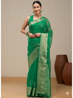 Vervee Couture - Rich Emerald Green Silk Cotton Arvi Designer Wear Saree with Unstitched Blouse