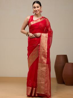 Vervee Couture - Classic Crimson Red Silk Cotton Arvi Designer Wear Saree with Unstitched Blouse