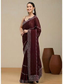 Vervee Couture - Deep Wine Maroon Poly Georgette Jiya Designer Wear Saree with Unstitched Blouse