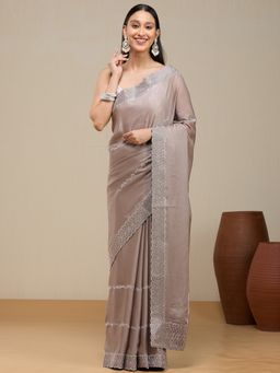 Vervee Couture - Soft Warm Taupe Grey Poly Georgette Jiya Designer Wear Saree with Unstitched Blouse
