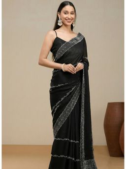 Vervee Couture - Classic Jet Black Poly Georgette Jiya Designer Wear Saree with Unstitched Blouse