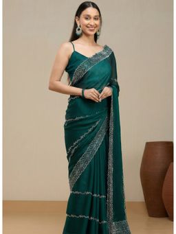 Vervee Couture - Deep Bottle Green Poly Georgette Jiya Designer Wear Saree with Unstitched Blouse
