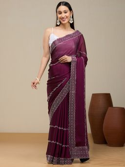 Vervee Couture - Rich Plum Purple Poly Georgette Jiya Designer Wear Saree with Unstitched Blouse