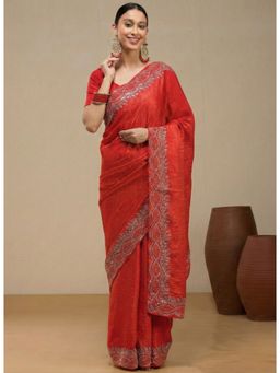 Vervee Couture - Rich Crimson Red Silk Blend Neel Designer Wear Saree with Unstitched Blouse