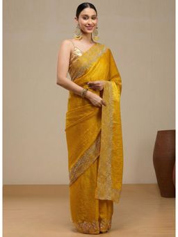 Vervee Couture - Warm Mustard Yellow Silk Blend Neel Designer Wear Saree with Unstitched Blouse