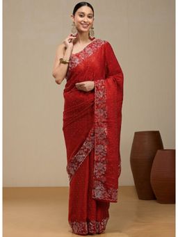 Vervee Couture - Rich Crimson Red Silk Blend Nia Designer Wear Saree with Unstitched Blouse