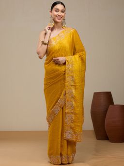 Vervee Couture - Warm Mustard Yellow Silk Blend Nia Designer Wear Saree with Unstitched Blouse
