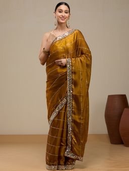 Vervee Couture - Warm Camel Brown Organza Veronica Designer Wear Saree with Unstitched Blouse