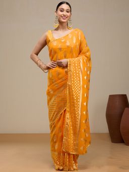 Vervee Couture - Bright Marigold Orange Poly Georgette Visya Saree with Unstitched Blouse