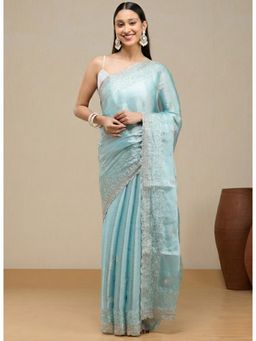 Vervee Couture - Soft Dusty Aqua Blue Silk Blend Vrika Designer Wear Saree with Unstitched Blouse