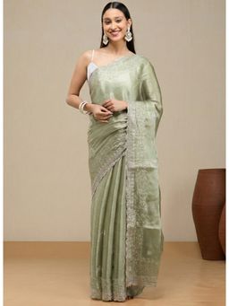 Vervee Couture - Muted Sage Olive Green Silk Blend Vrika Designer Wear Saree with Unstitched Blouse