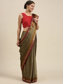 Sangam Prints - Beige Crepe Printed Traditional Saree with Unstitched Blouse