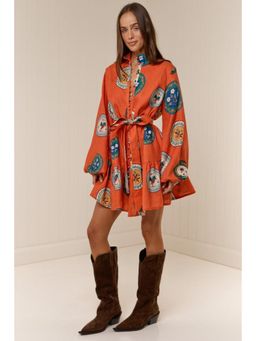 Miakee - Orange Printed A-Line Dress