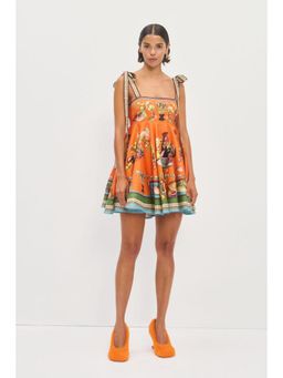 Miakee - Orange Printed A-Line Dress