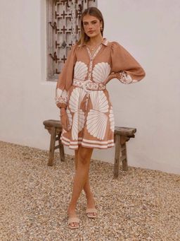 Miakee - Brown Printed A-Line Dress