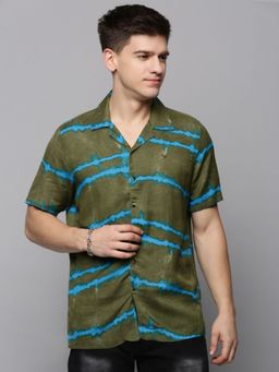 SHOWOFF - Mens Cuban Collar Olive Printed Shirt