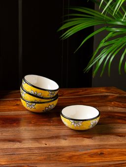 ExclusiveLane - 'Californian Sunflowers' Hand-Painted Ceramic Dinner Bowls (Set of 4)
