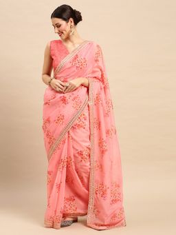 Akhilam - Women Organza Pink Floral Designer Saree with Unstitched Blouse